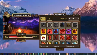 Official Lootborne screenshot of the inventory grid with rarity, slot and element filters