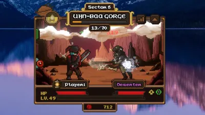 Official Lootborne screenshot showing the Uhn-Baa Gorge sector banner above a fight in progress