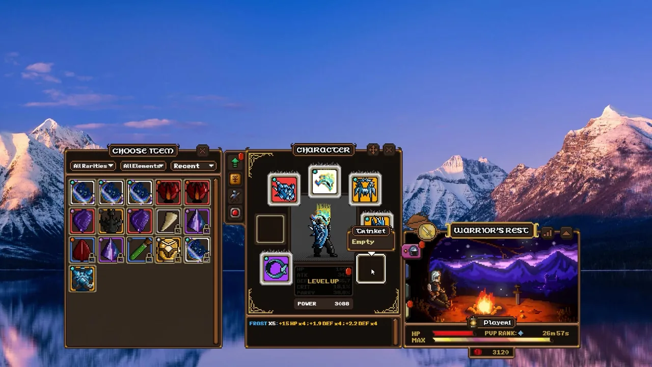Lootborne screenshot: the inventory grid with rarity and element filters