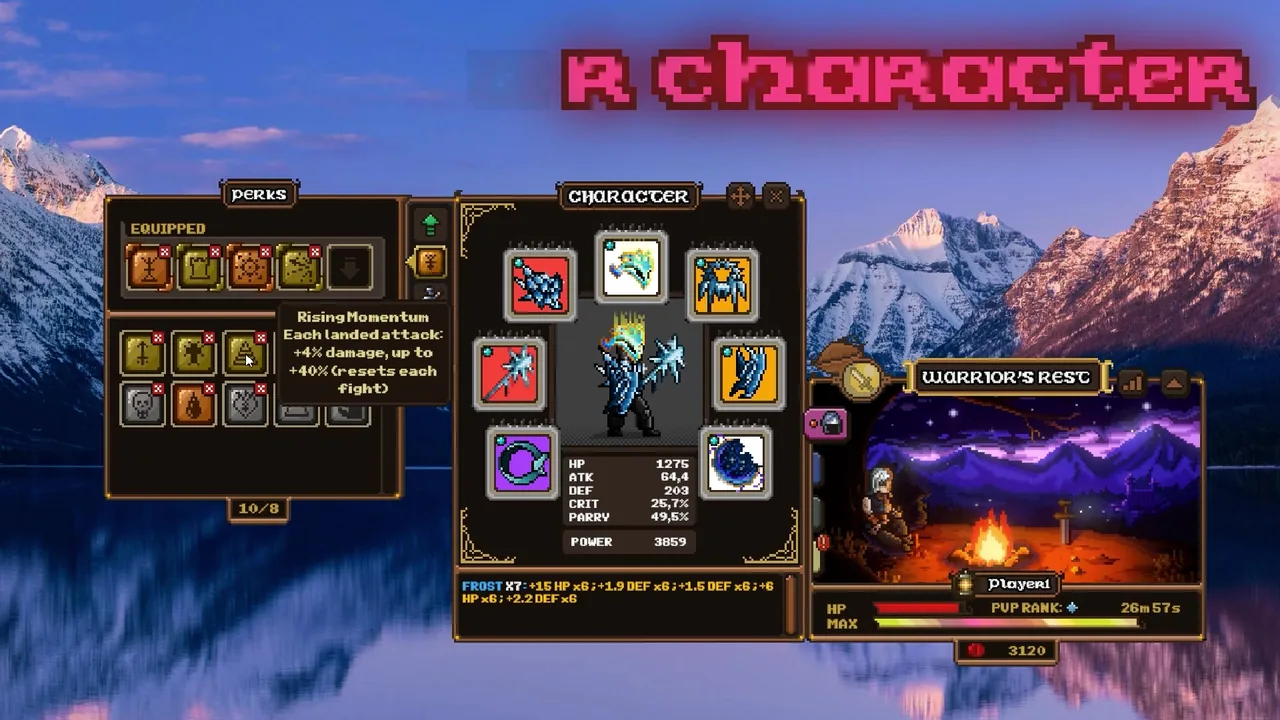 Lootborne screenshot: the character panel with perks and level progress