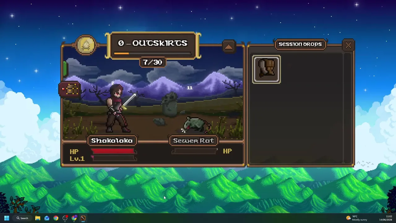 Lootborne gameplay: the hero fighting a sewer rat in the first Outskirts stages